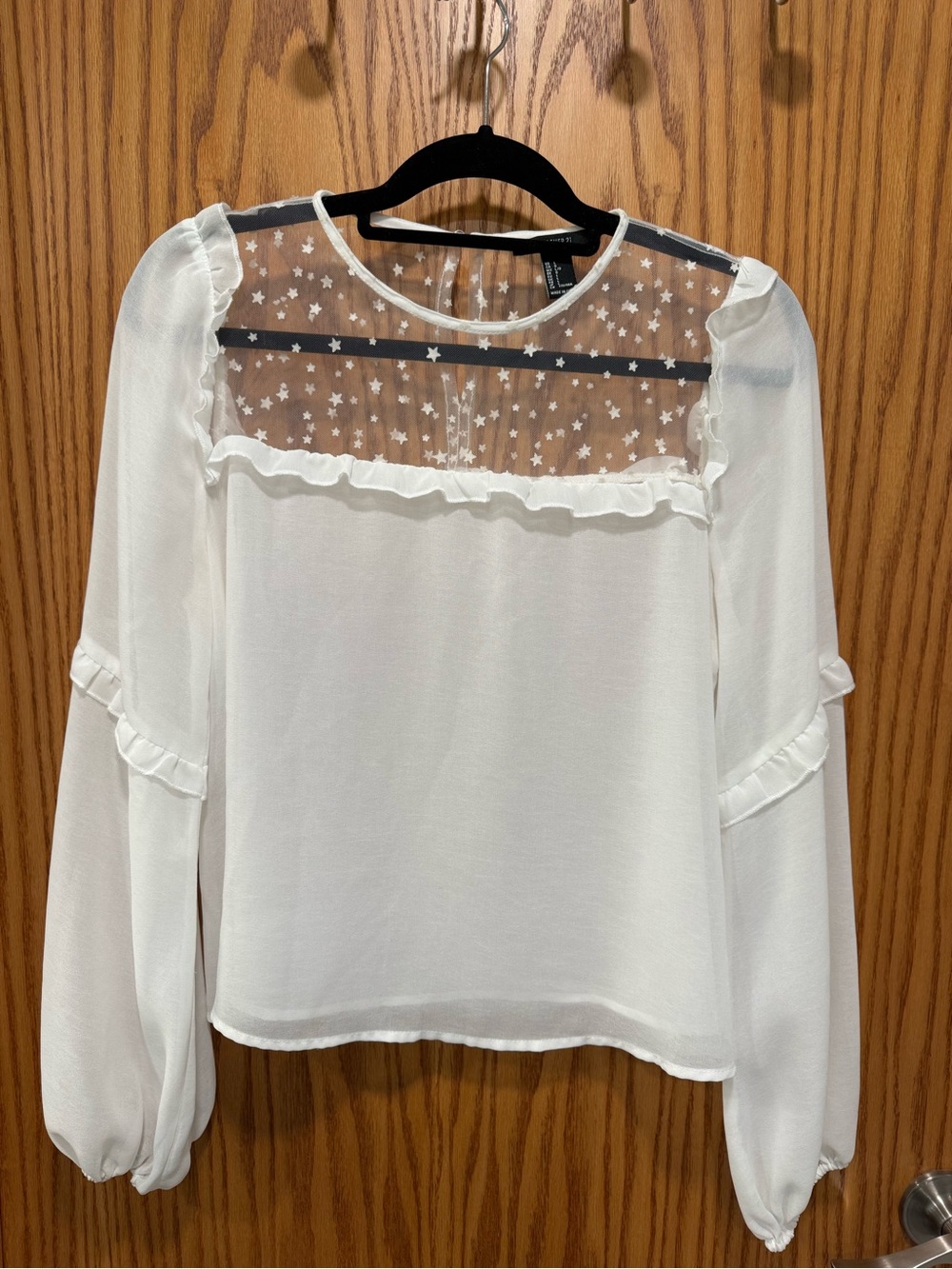 Forever 21 White Sheer Star Yoke Ruffle Blouse